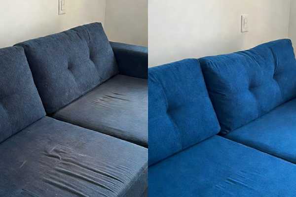 Antes e depois da lavagem de sofá a seco – resultado real